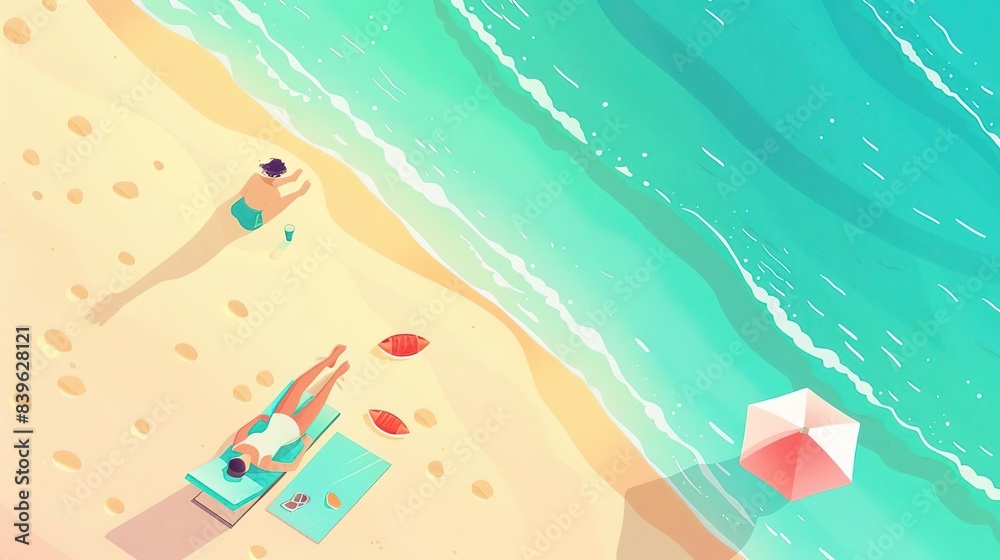 Naklejka premium Aerial view of a beach with two people relaxing on the sand.