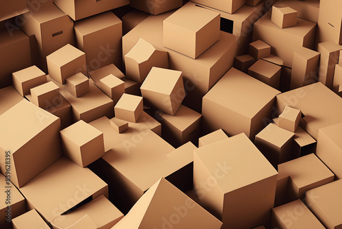 Cardboard boxes pile in warehouse  concept of online shopping and environmental impact