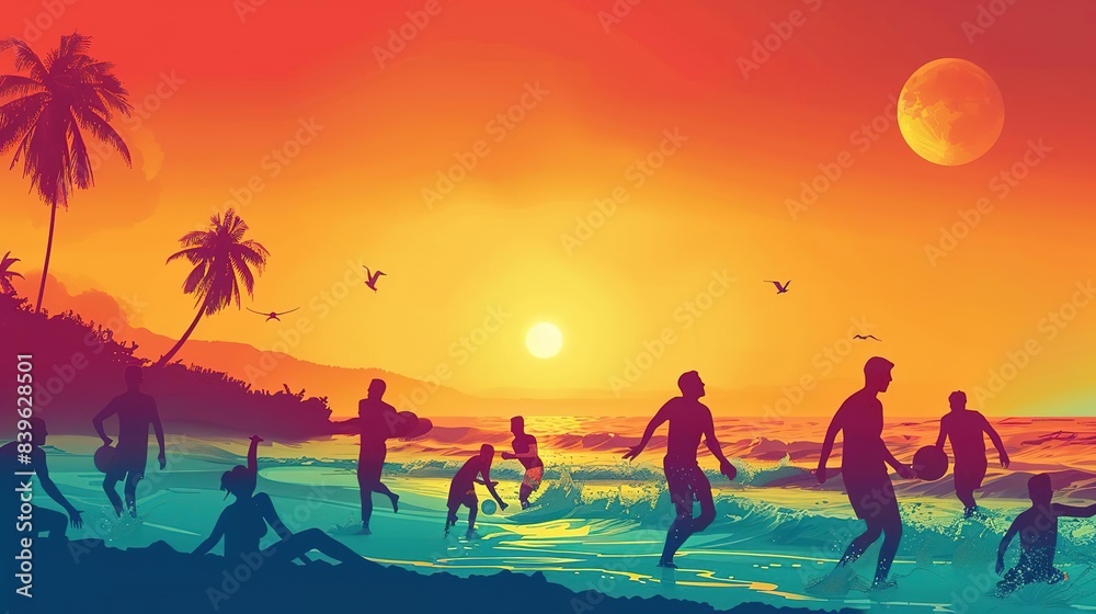 Silhouettes of people playing on a beach at sunset. Silhouettes of people playing on a beach at sunset.