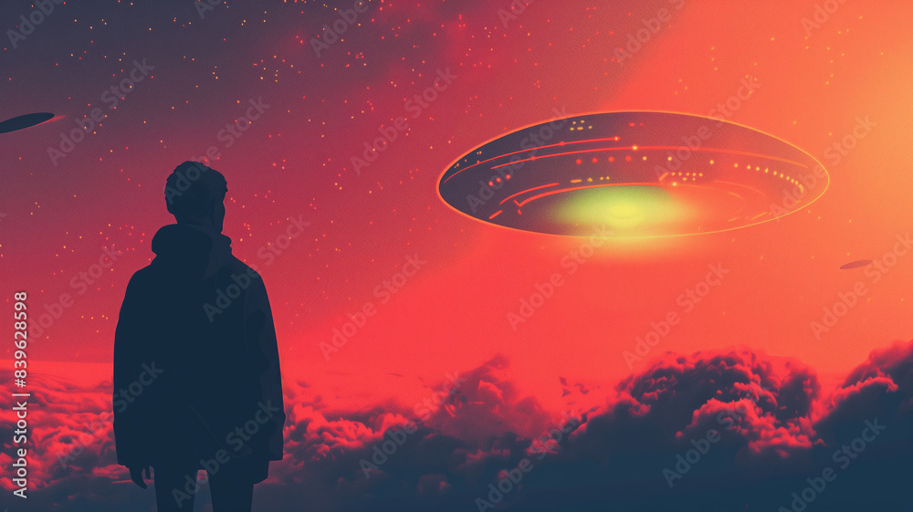 Back view of man looking at alien invasion, UFO flying in the sky, concept of evidence and sighting Back view of man looking at alien invasion, UFO flying in the sky, concept of evidence and sighting