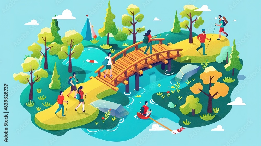 Naklejka premium Isometric illustration of people enjoying outdoor activities in a park with a wooden bridge, river, and trees.