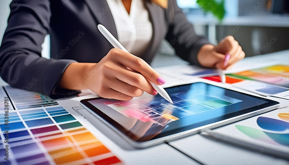 Graphic designer working on a digital tablet, close up on the stylus and screen Graphic designer working on a digital tablet, close up on the stylus and screen