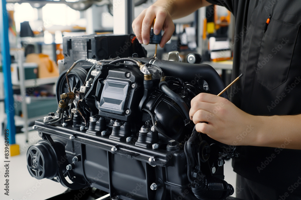 A man is working on a car engine A man is working on a car engine