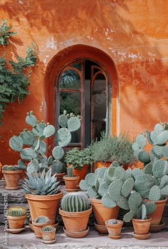 A Row of Potted Cacti in Front of an Orange Wall With a Window