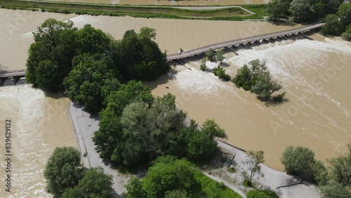 Aerial of flood in Munich Bavaria, Flaucher Steg, 4d drone, Bridge over Isar, torrent, overflow, flooding