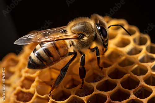 Close up of a bee sitting on a honeycomb photo