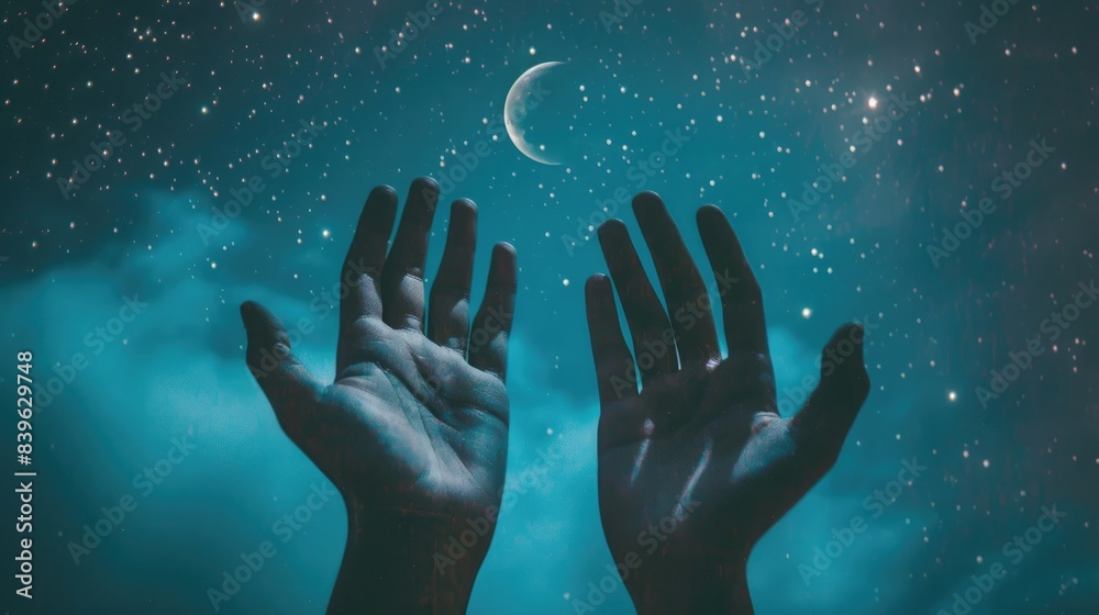 Two hands open and spread out, under the night sky with stars shining brightly in the background. The crescent moon hangs high above them, casting its gentle light on their palms. Two hands open and spread out, under the night sky with stars shining brightly in the background. The crescent moon hangs high above them, casting its gentle light on their palms.