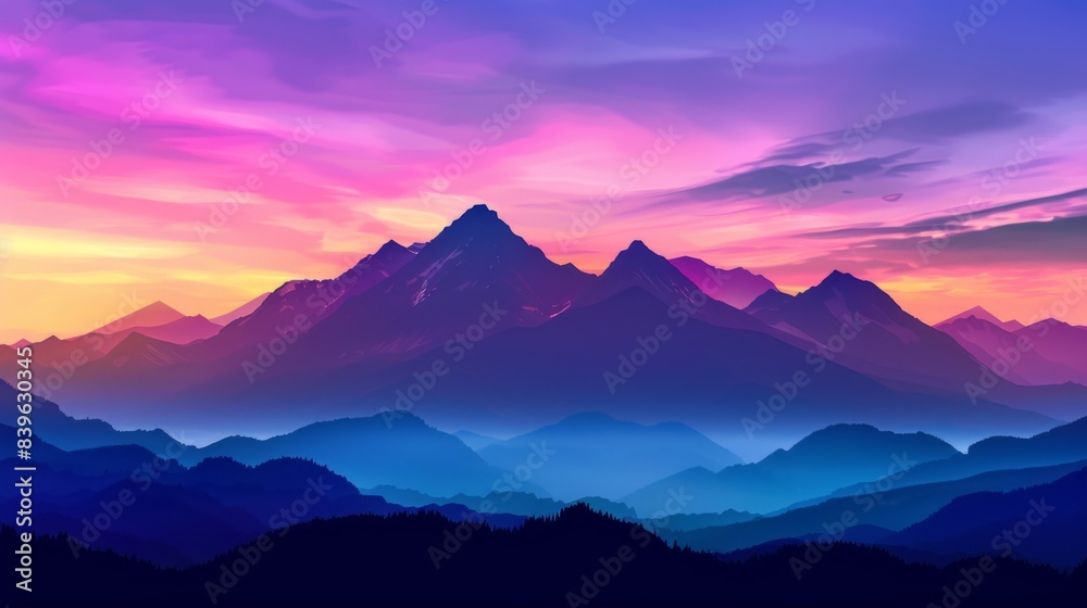 The silhouette of a mountain range against a colorful sunrise sky, showcasing the beauty of nature's majesty The silhouette of a mountain range against a colorful sunrise sky, showcasing the beauty of nature's majesty