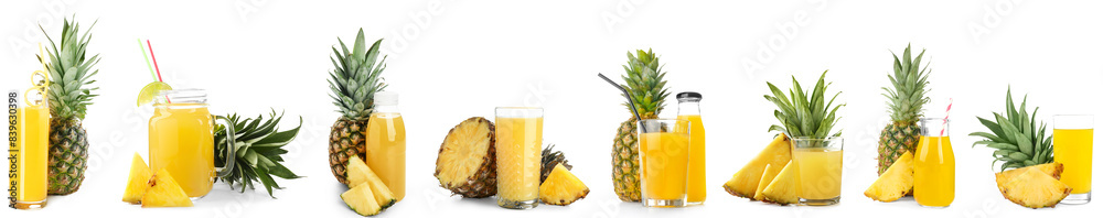 Set of fresh pineapple juice on white background Set of fresh pineapple juice on white background