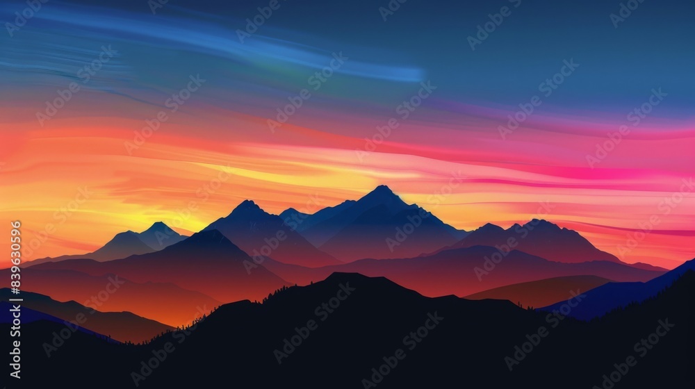 The silhouette of a mountain range against a colorful sunrise sky, showcasing the beauty of nature's majesty The silhouette of a mountain range against a colorful sunrise sky, showcasing the beauty of nature's majesty