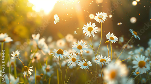 Sunlit field of daisies with fluttering butterflies. Chamomile flowers on a summer meadow in nature  panoramic landscape