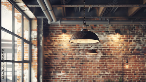 Beautiful background of loft style interior with brick wall wooden ceiling and black ceiling lamp spot light for placing product or highlight item with brick wall background shop decor loft style