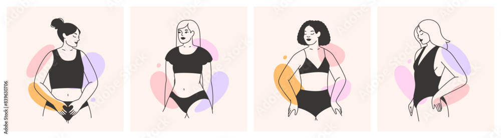 Woman body set. Beautiful women in underwear, lingerie. Female beauty, body care concept. Abstract simple hand drawn line art, simple shapes. Minimalist isolated flat vector illustrations Woman body set. Beautiful women in underwear, lingerie. Female beauty, body care concept. Abstract simple hand drawn line art, simple shapes. Minimalist isolated flat vector illustrations