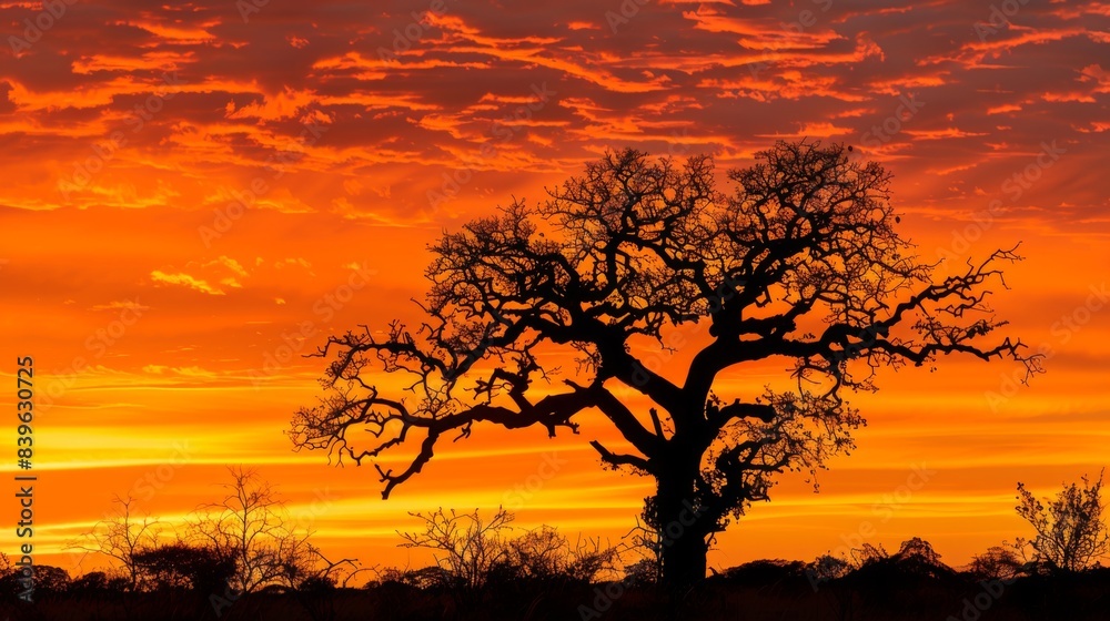 The silhouette of a tree against a fiery orange sky during sunset, creating a striking and vibrant scene The silhouette of a tree against a fiery orange sky during sunset, creating a striking and vibrant scene