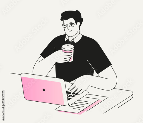 Man using laptop. Programmer working at the desk, freelancing. Student using computer, studying online. Office work, home education concept. Isolated flat vector illustration