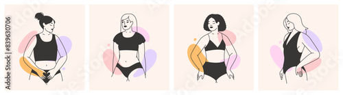 Woman body set. Beautiful women in underwear, lingerie. Female beauty, body care concept. Abstract simple hand drawn line art, simple shapes. Minimalist isolated flat vector illustrations