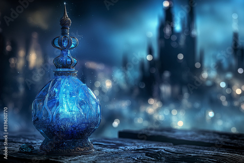 Glass bottle in the style of gothic, Dubai insade the bottle, vintage and ornate, vintage, fantasy, magic [mana] potion, Shimmer for drinks, glitter for drinks, very bright light from inside, fantasy 