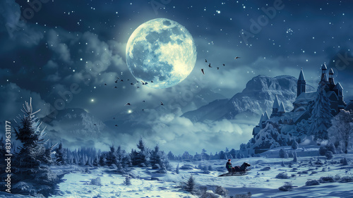 beautiful landscape of the north pole with full moon and santa claus flying on his sleigh on christmas night photo