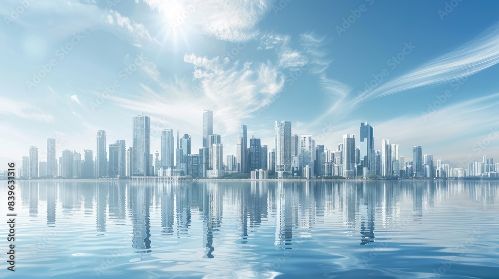 Fototapeta premium Modern city skyline with skyscrapers and a clear blue sky over a lake, with reflections of buildings on the water surface.