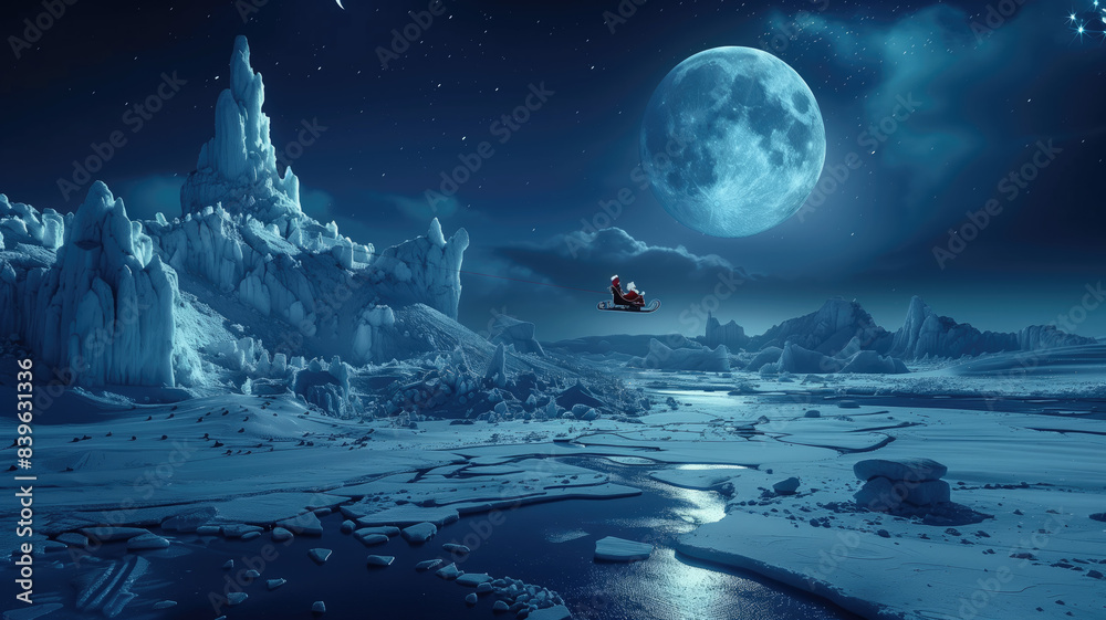 beautiful landscape of the north pole with full moon and santa claus flying on his sleigh on christmas night beautiful landscape of the north pole with full moon and santa claus flying on his sleigh on christmas night