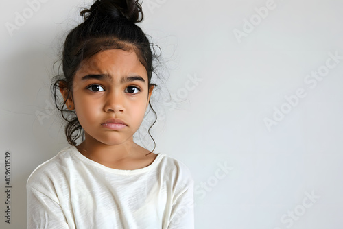 young girl showing sadness and disappointment on white backdrop. generative ai photo