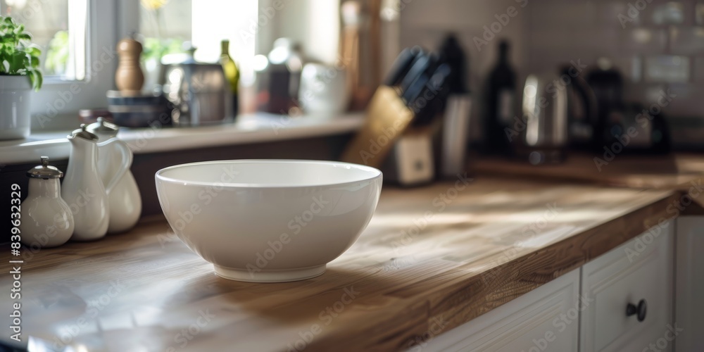 The white bowl stands neatly on the kitchen table, ready to be used in a variety of cooking tasks. The white bowl stands neatly on the kitchen table, ready to be used in a variety of cooking tasks.