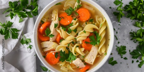 Top view of a round white dish filled with delicious chicken noodle soup, with tender pieces of chicken, savoury carrots and a garnish of fresh parsley.