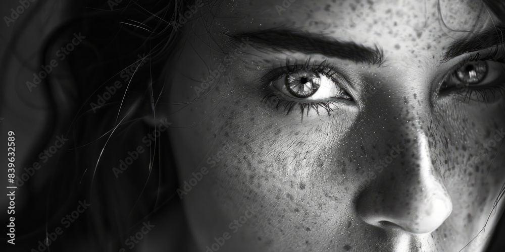 it is a black and white photo of a woman s face . it is a black and white photo of a woman s face .