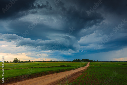 Dramatic storm clouds in blue sky associated with storm  dark  moody weather and looming atmosphere