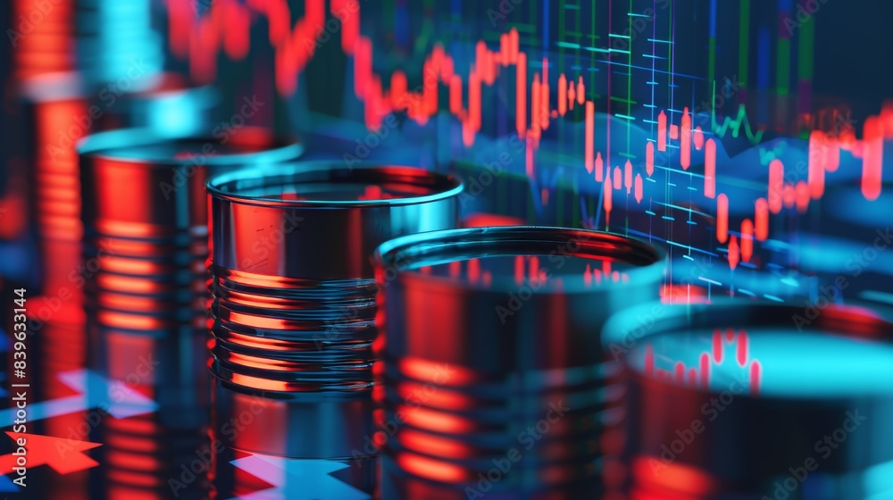 Price oil down. Oil barrels and a financial chart on abstract business background. Barrel arrow down. Oil trend down. Price oil down. Oil barrels and a financial chart on abstract business background. Barrel arrow down. Oil trend down.
