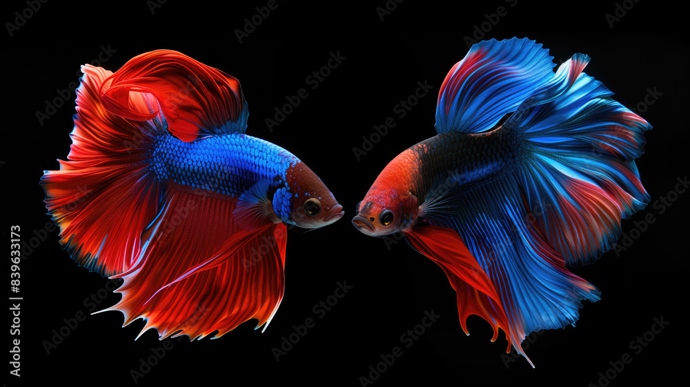 Betta fish,Siamese fighting fish,Betta splendens,Fighting fish.Capture the moving moment of betta fish or red-blue siamese fighting fish isolated on black background Betta fish,Siamese fighting fish,Betta splendens,Fighting fish.Capture the moving moment of betta fish or red-blue siamese fighting fish isolated on black background