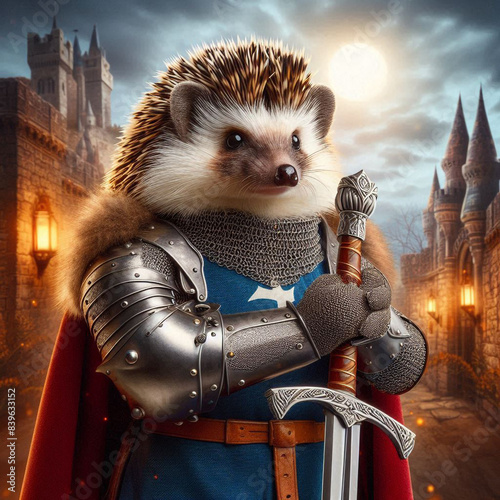 A hedgehog in knight's armor against the backdrop of an ancient castle was generated using AI.