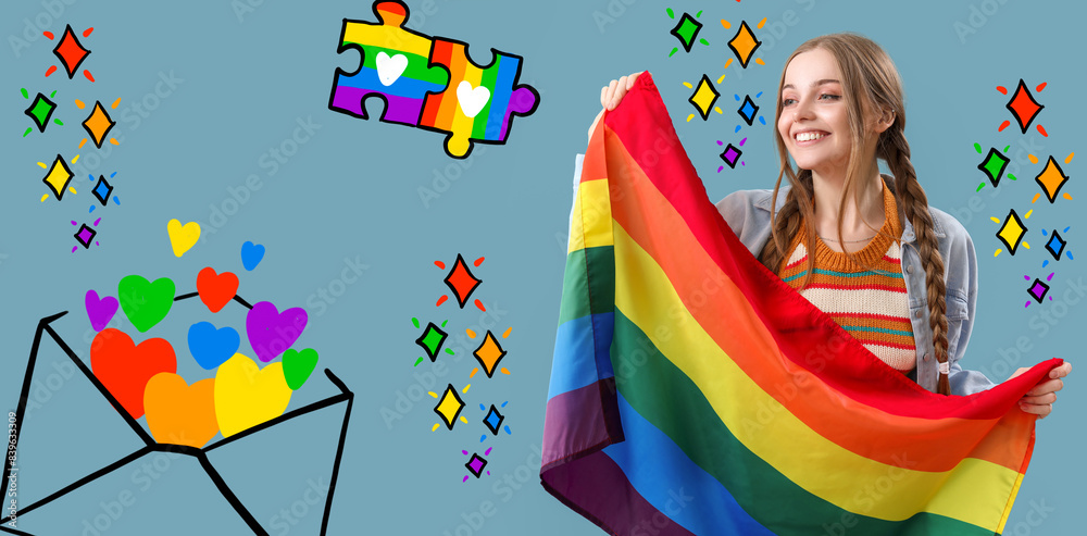 Fototapeta premium Beautiful young woman with LGBT flag on blue background