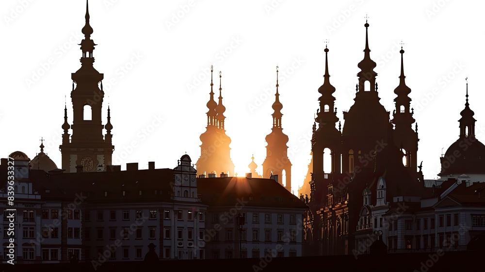 Silhouette of the city with historic buildings and towers against a white sky, a panoramic view, isolated on a black background