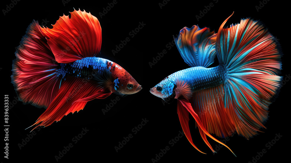 Obraz premium Betta fish,Siamese fighting fish,Betta splendens,Fighting fish.Capture the moving moment of betta fish or red-blue siamese fighting fish isolated on black background