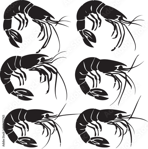 Vector illustration of a shrimp, a member of the Caridea order, depicted in a scratchboard style. This hand-drawn image captures the intricate details of the shrimp's anatomy