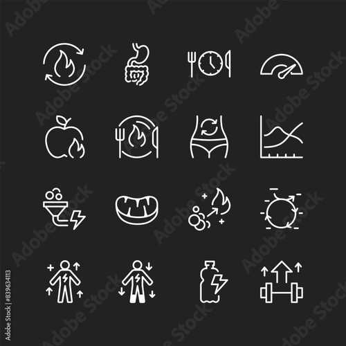 Metabolism icons, white on black background. Accelerating metabolic rate, nutrients, energy. Fat burning, efficiency, vitality. Proper nutrition. Customizable line thickness