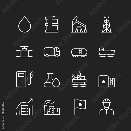 Oil and petroleum production icons, white on black background. Crude extraction, drilling, transportation, refining industry. Customizable line thickness