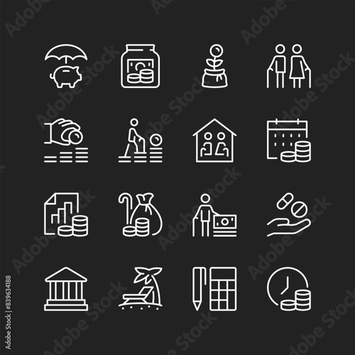 Pension icons, white on black background. Savings security, comfortable life guarantees. Bank deposits, funds, financial independence. Customizable line thickness