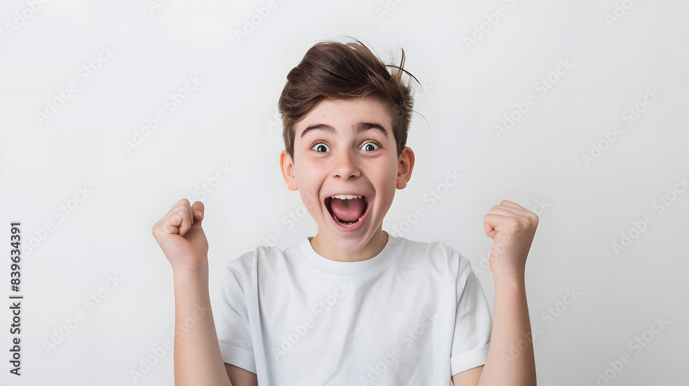 teenage boy displaying excitement and enthusiasm on white backdrop. generative ai teenage boy displaying excitement and enthusiasm on white backdrop. generative ai
