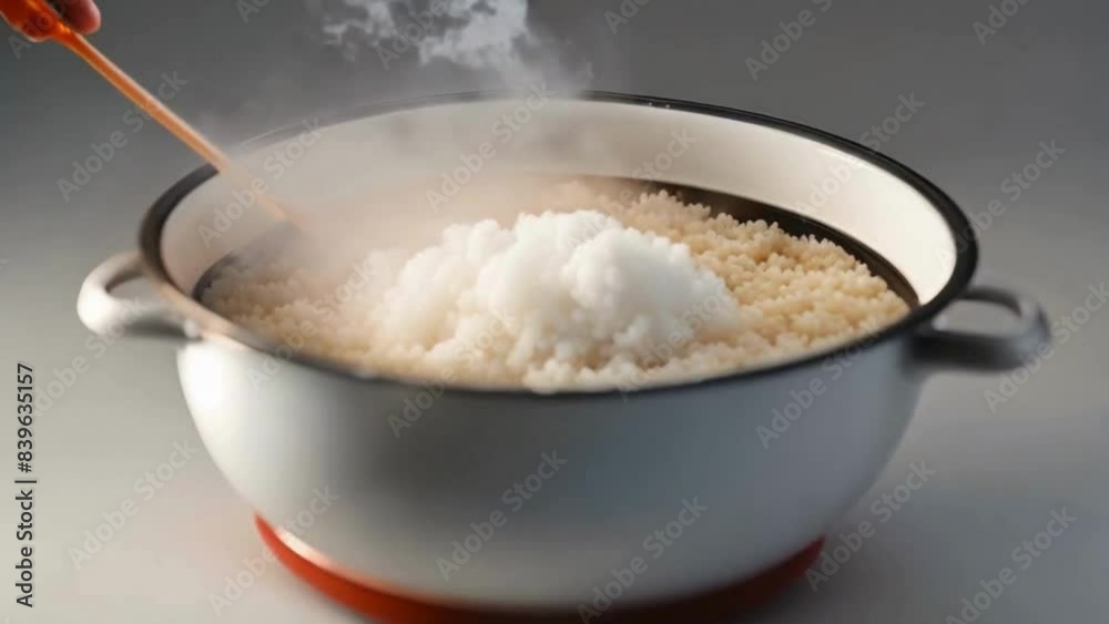 The swift emergence of steam from a pot of simmering rice highlights the rapid and lifelike dispersion of steam The swift emergence of steam from a pot of simmering rice highlights the rapid and lifelike dispersion of steam
