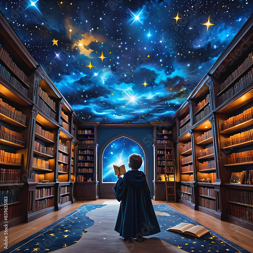 Ceiling resembling a night sky, stories written among the stars, floating bookshelves, children wearing wizard robes, glowing wands illuminating the pages.