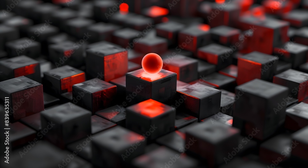 Fototapeta premium Hundreds cubes arranged rows on floor minimalistic black grey scene glowing orange sphere between blocks Minimalistic Scene Concept