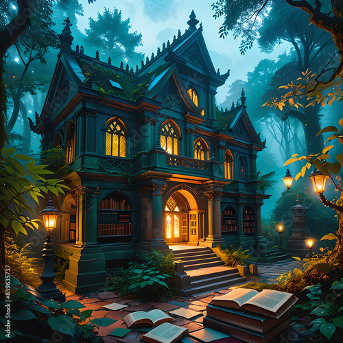 A secret library nestled deep in a mystical forest, its windows aglow with the warm light of knowledge, inviting travelers to discover its hidden wonders.
