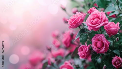 Pink roses blooming with a soft-focus background, creating a romantic and delicate floral scene.