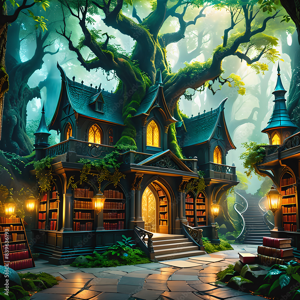 Obraz premium A magical library surrounded by enchanted trees in a mystical forest, where books come alive with stories of wizards, dragons, and ancient mysteries waiting to be unraveled.