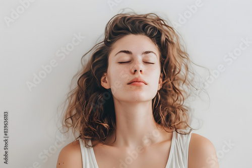 young woman looking calm and serene against white background. generative ai photo