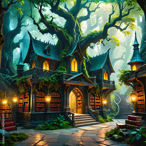 A magical library surrounded by enchanted trees in a mystical forest, where books come alive with stories of wizards, dragons, and ancient mysteries waiting to be unraveled.