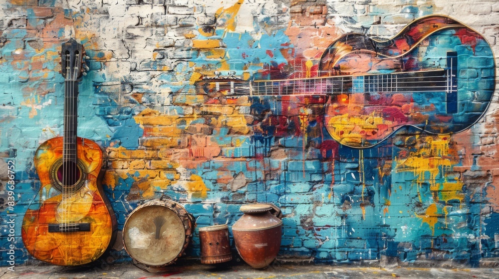 Naklejka premium Colorful graffiti wall with musical instruments evoking urban street style