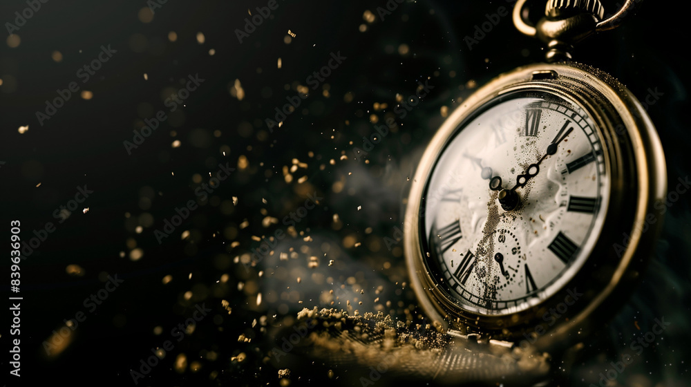An old pocket watch with floating particles symbolizing the passing of time against a black background. Time and countdown concept banner An old pocket watch with floating particles symbolizing the passing of time against a black background. Time and countdown concept banner